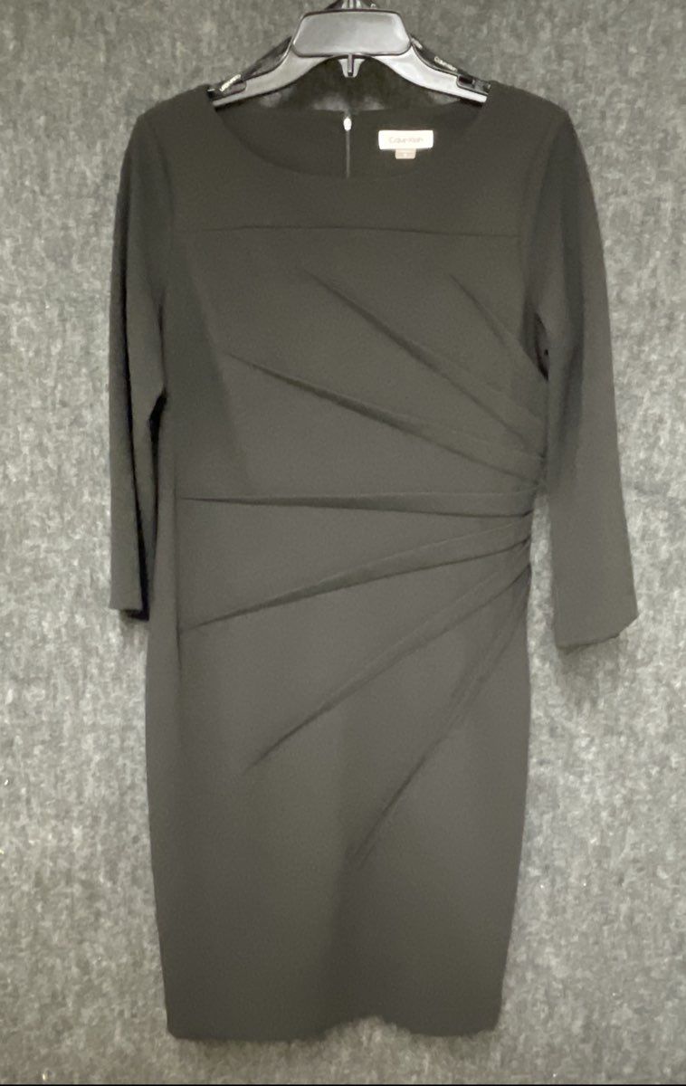 Calvin Klein Women's Black 3/4 Sleeve Ruched Waist Sheath Dress Sz 12