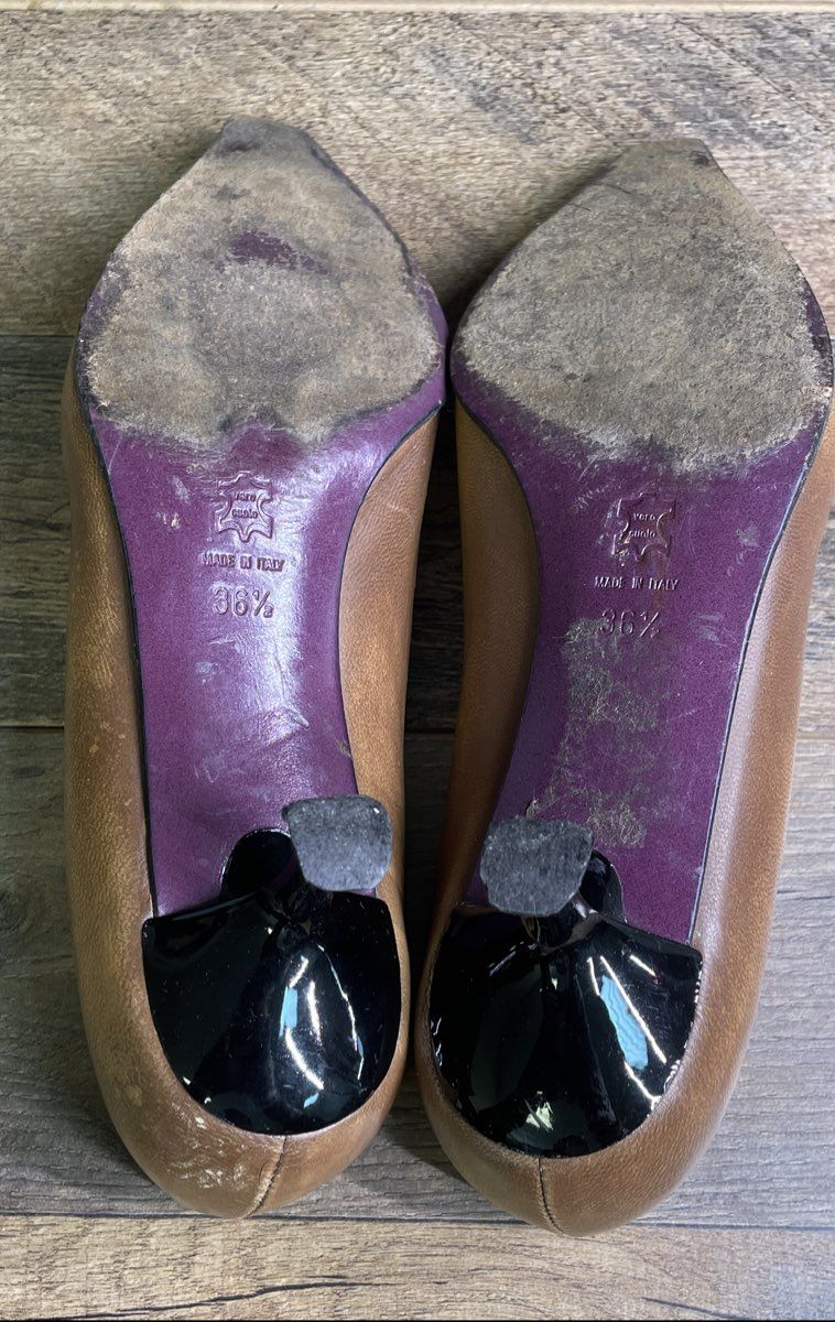 Vintage Y2K Episode Brown Leather Brogue Pointed Toe Kitten Heels Italy Sz 36.5