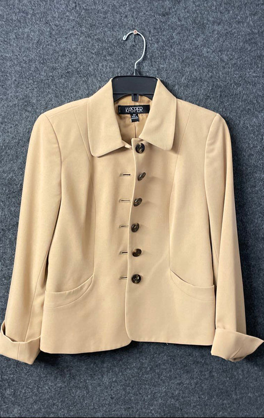 Kasper Women's Tan Blazer Jacket Band Style Multi Button Cuffed Sleeve Sz 4P