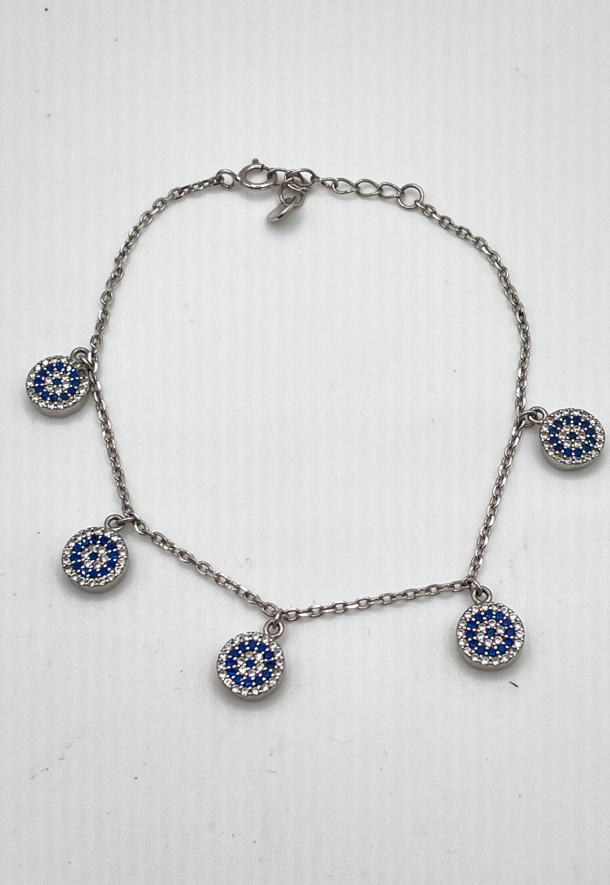 925 Sterling Silver Blue & White CZ Evil Eye Charm Link Bracelet 5.6g