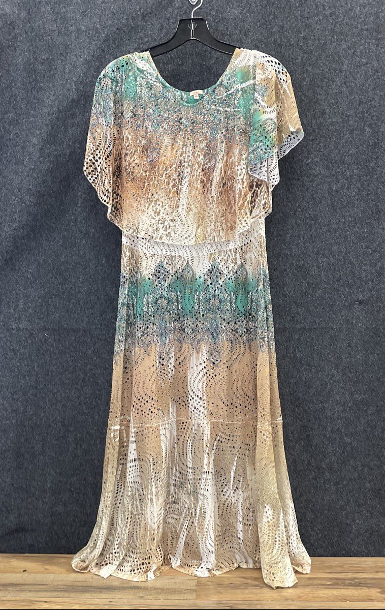 Reba Women's White Green Paisley Popover Embellished Maxi Dress Crochet Sz S
