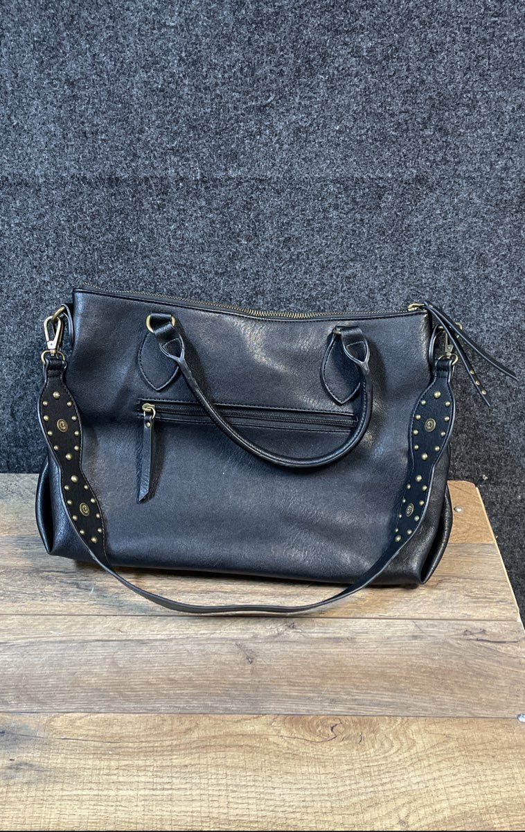 Jessica Simpson Black Faux Leather Studded Satchel Shoulder Bag Brass Hardware