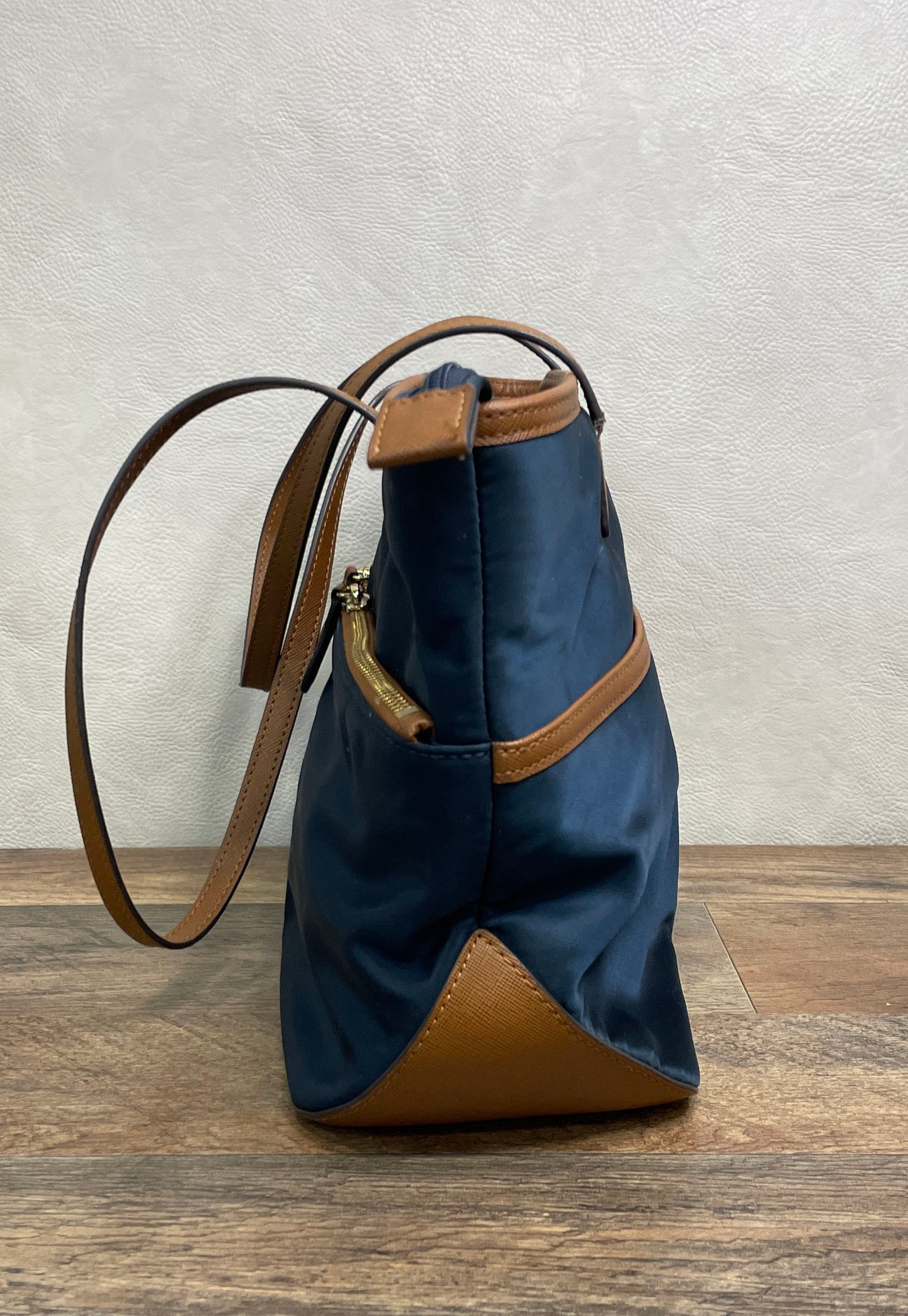 Michael Kors Navy Blue Nylon Saffiano Leather Tote Handbag Gold Hardware