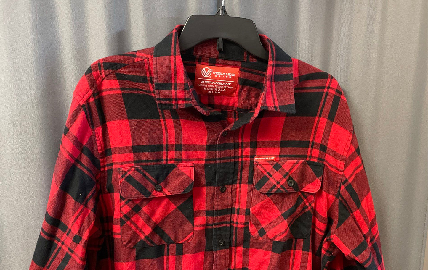 Vigilance Elite Mens Red Black Plaid Flannel Shirt Long Sleeve Made in USA Sz XL