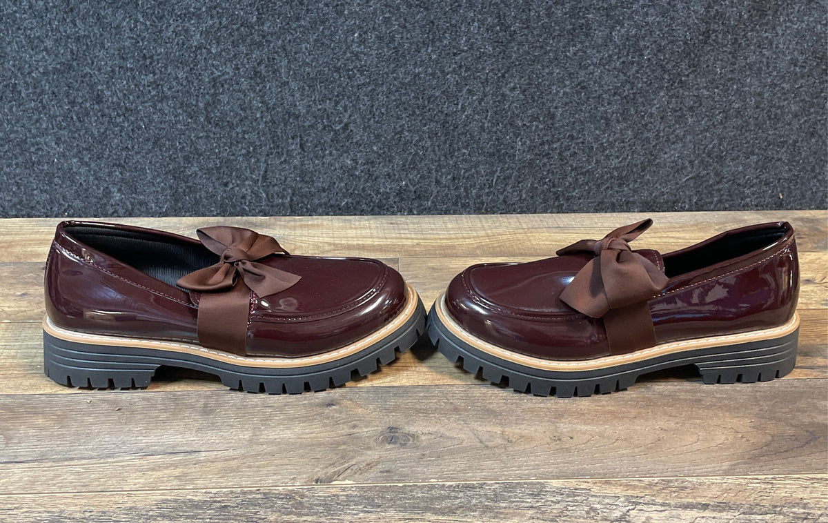 Burgundy Patent Leather Bow Chunky Lug Sole Platform Loafers Shoes Size 42