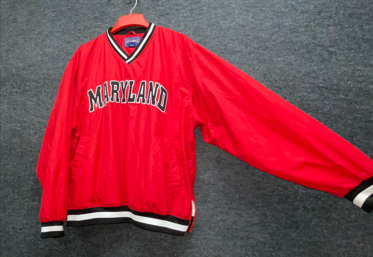 Vintage 90s Champs Sports Men's Maryland Windbreaker Red V-Neck Pullover Sz XL