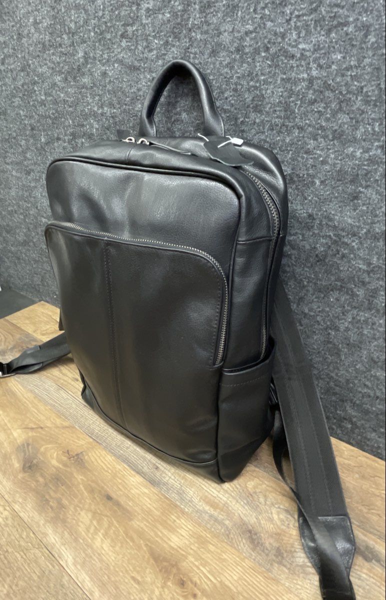Black Leather Multi-Compartment Commuter Backpack Silver Hardware