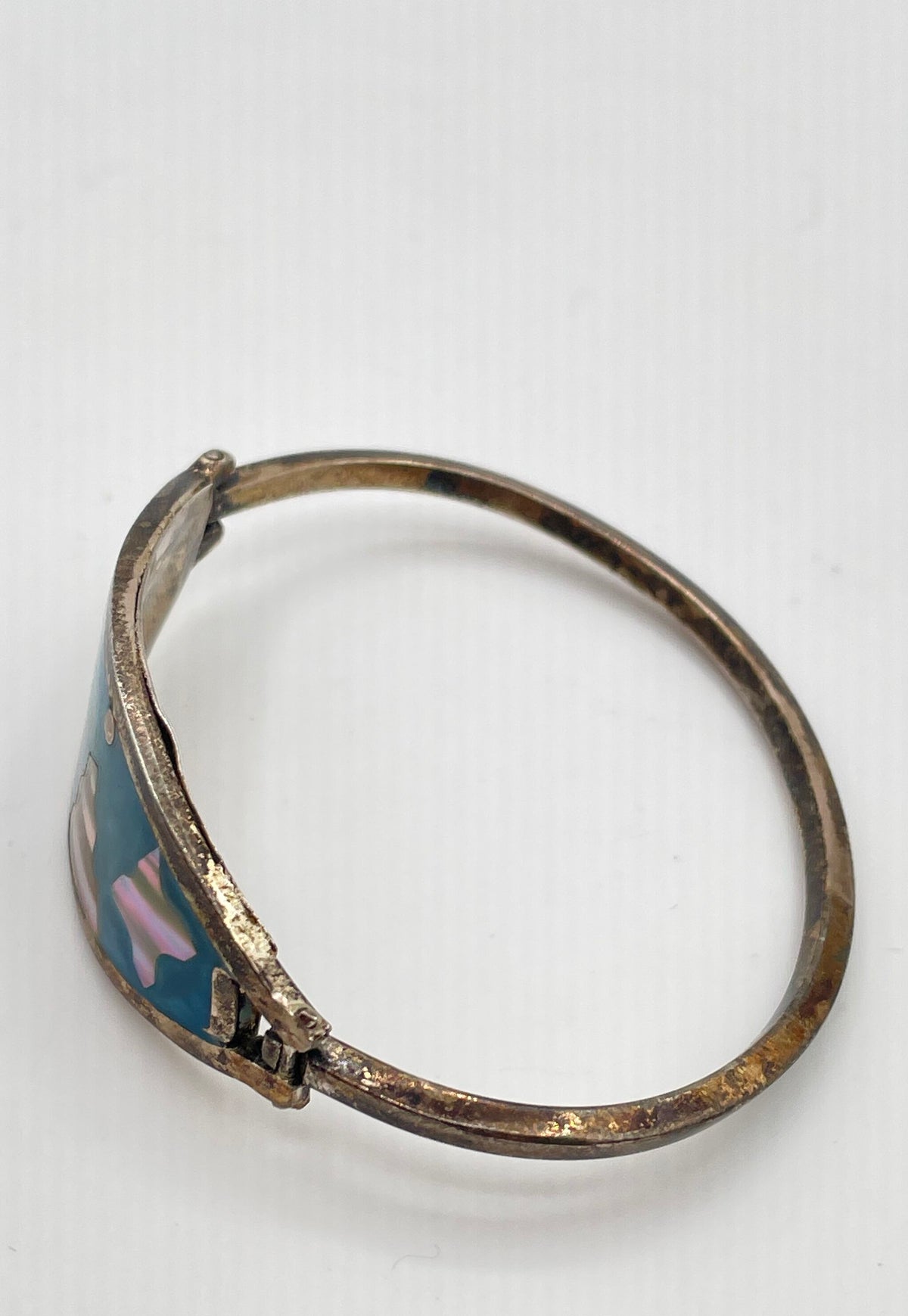 Alpaca Silver Mother Of Pearl Blue Resin Bangle Bracelet Mexico Marked 12.4g