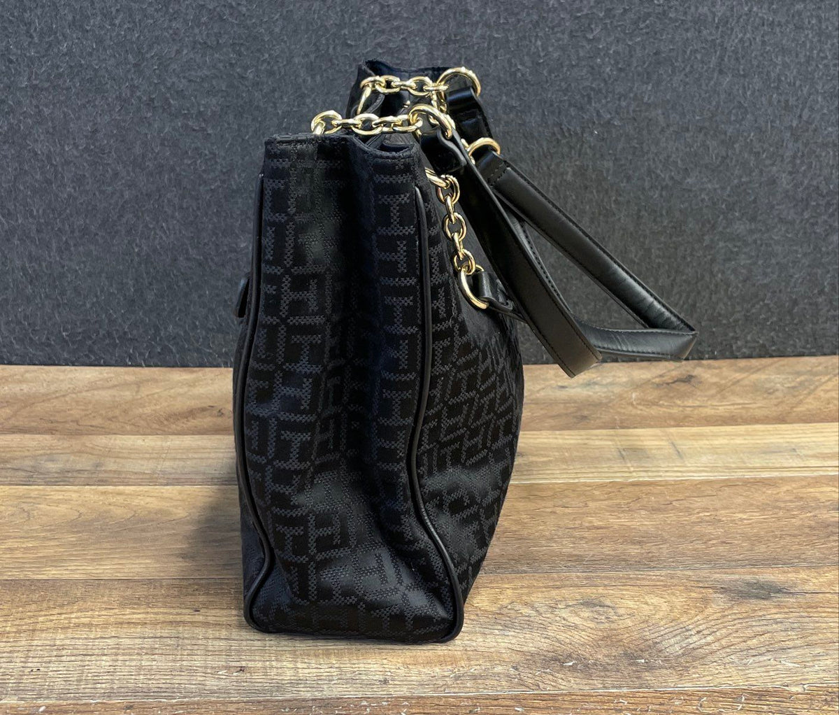 Tommy Hilfiger Black Monogram Jacquard Shoulder Tote Bag Gold Hardware
