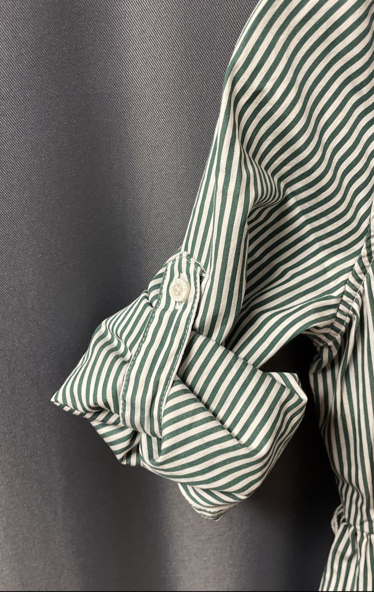 Polo Ralph Lauren Girls Green White Pinstripe Shirt Dress Roll Tab Sleeve Sz 12