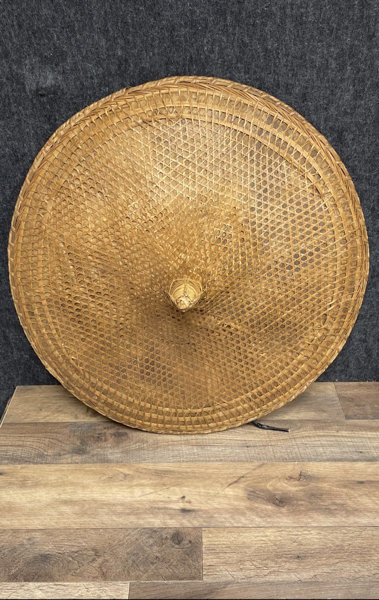 Vintage Tan Woven Bamboo Asian Conical Rice Farmer Sun Hat Large