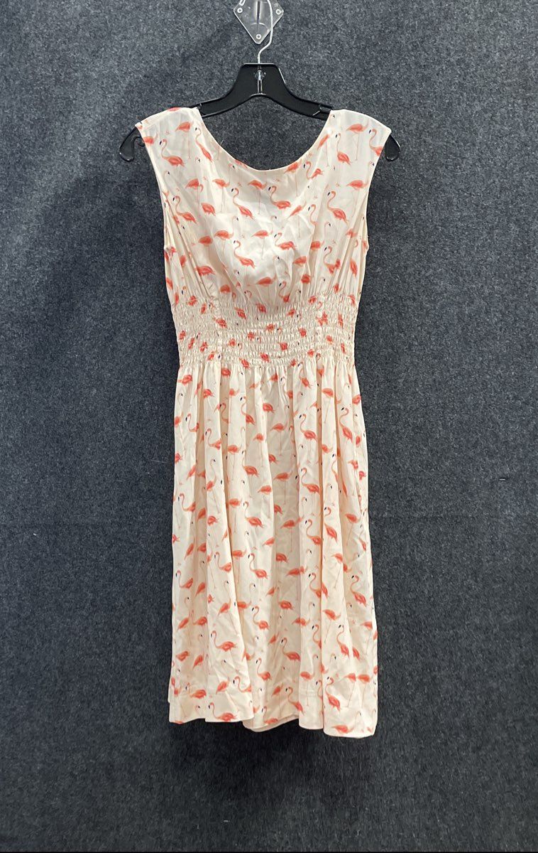 Kate Spade Women's Cream Pink Flamingo Print Silk Blend Smocked Dress Size 4