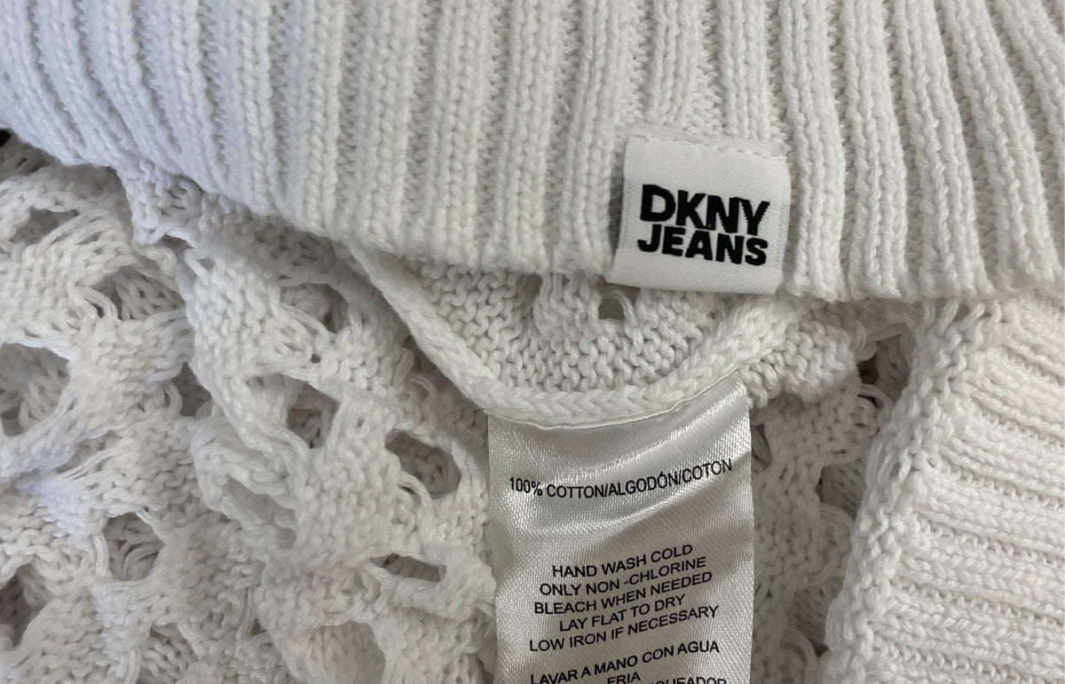 DKNY Jeans Women's White Open Knit V-Neck Cotton Sweater Size XL