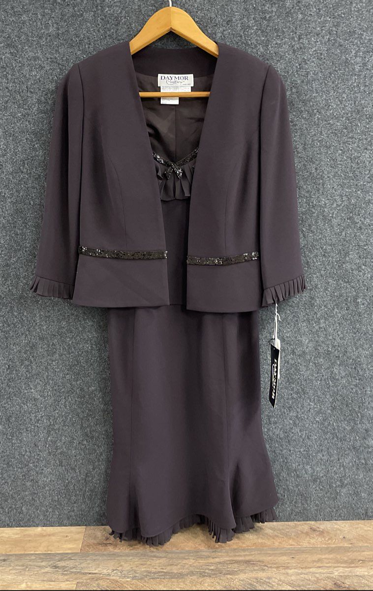 Daymor Women's Brown Beaded Ruffle Jacket & Dress Evening Set NWT Sz 12