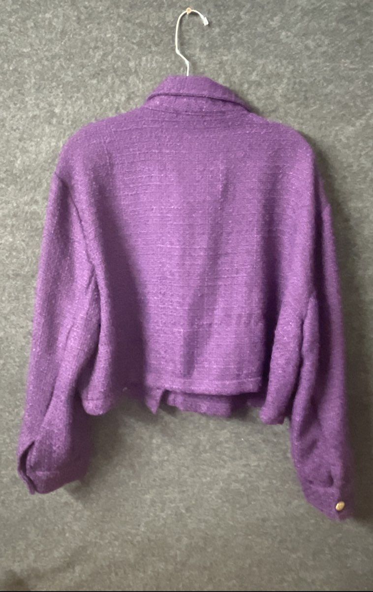 Zara Women's Purple Tweed Cropped Jacket Gold Buttons Size XL