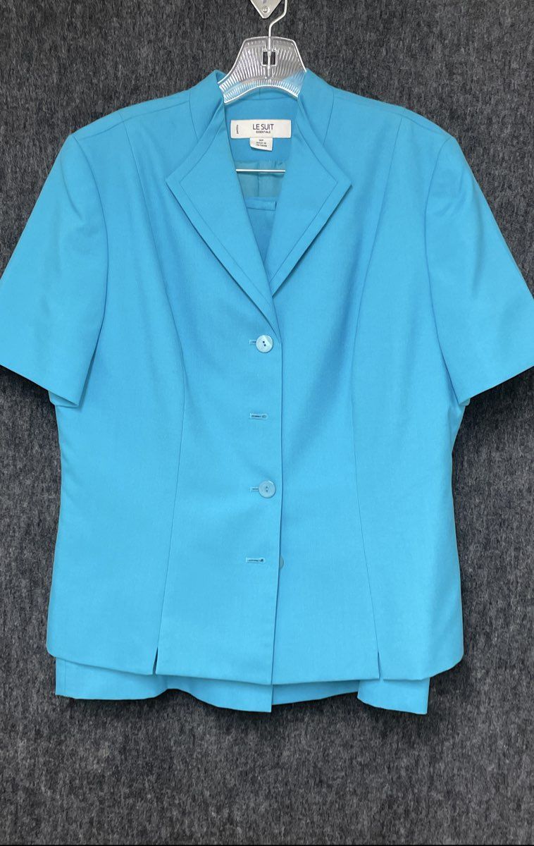 Le Suit Essentials Women's 2-Piece Blazer Skirt Suit Blue Short Sleeve Sz 14P