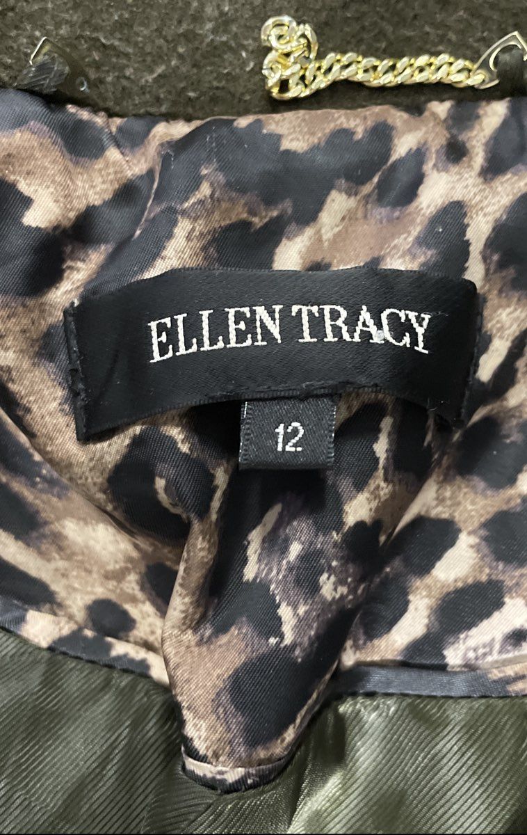 Ellen Tracy Women's Green Wool Blend Shawl Collar Coat Leopard Lining Sz 12