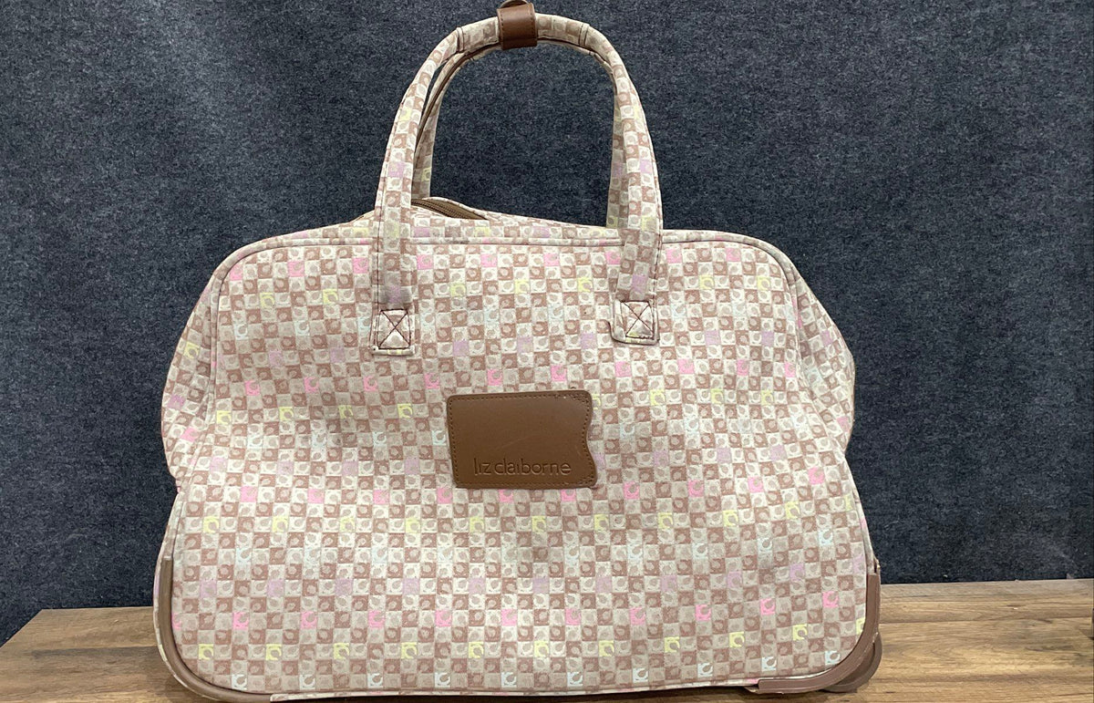 Vintage Liz Claiborne Checkered Rolling Travel Duffle Bag Brown Beige 24"