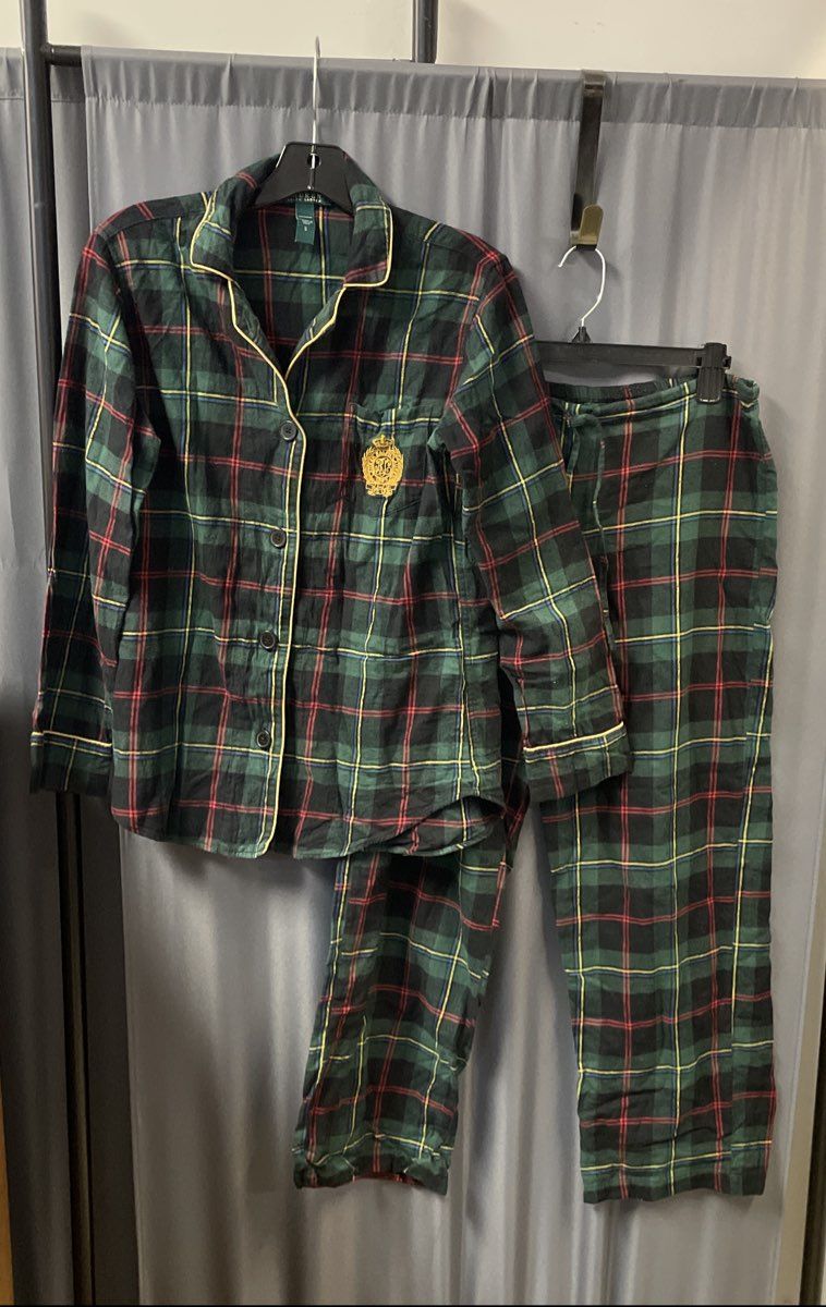 Lauren Ralph Lauren Women's Green Plaid Cotton Pajama Set Crest Sz S