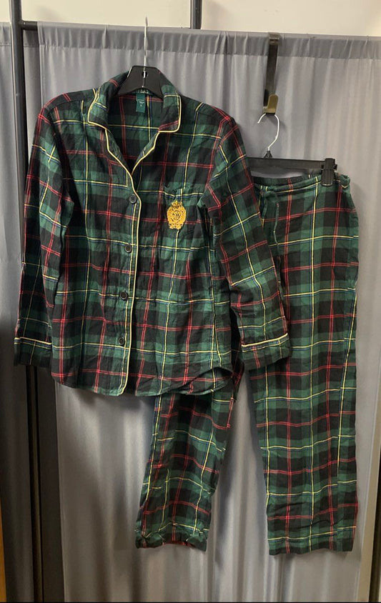 Lauren Ralph Lauren Women's Green Plaid Cotton Pajama Set Crest Sz S