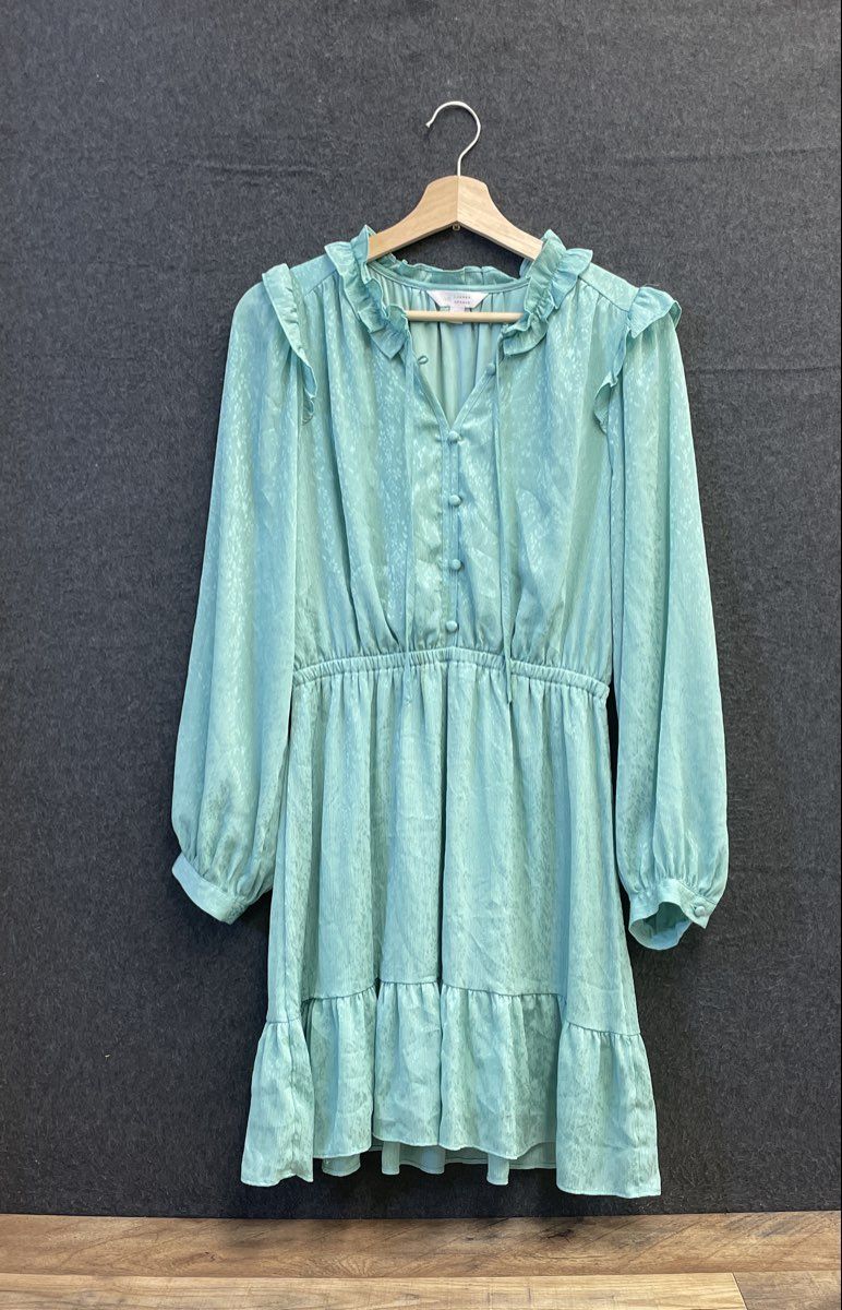 LC Lauren Conrad Women's Turquoise Ruffled V-Neck Tie Front Jacquard Dress Sz M