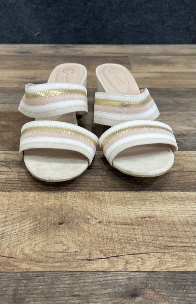 Comfort Est. 1946 Pink Gold White Striped Block Heel Slide Sandals Size 9