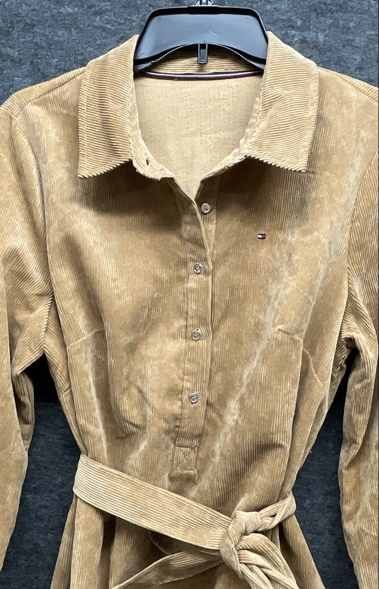 Tommy Hilfiger Women's Tan Corduroy Belted Long Sleeve Shirt Dress Sz S