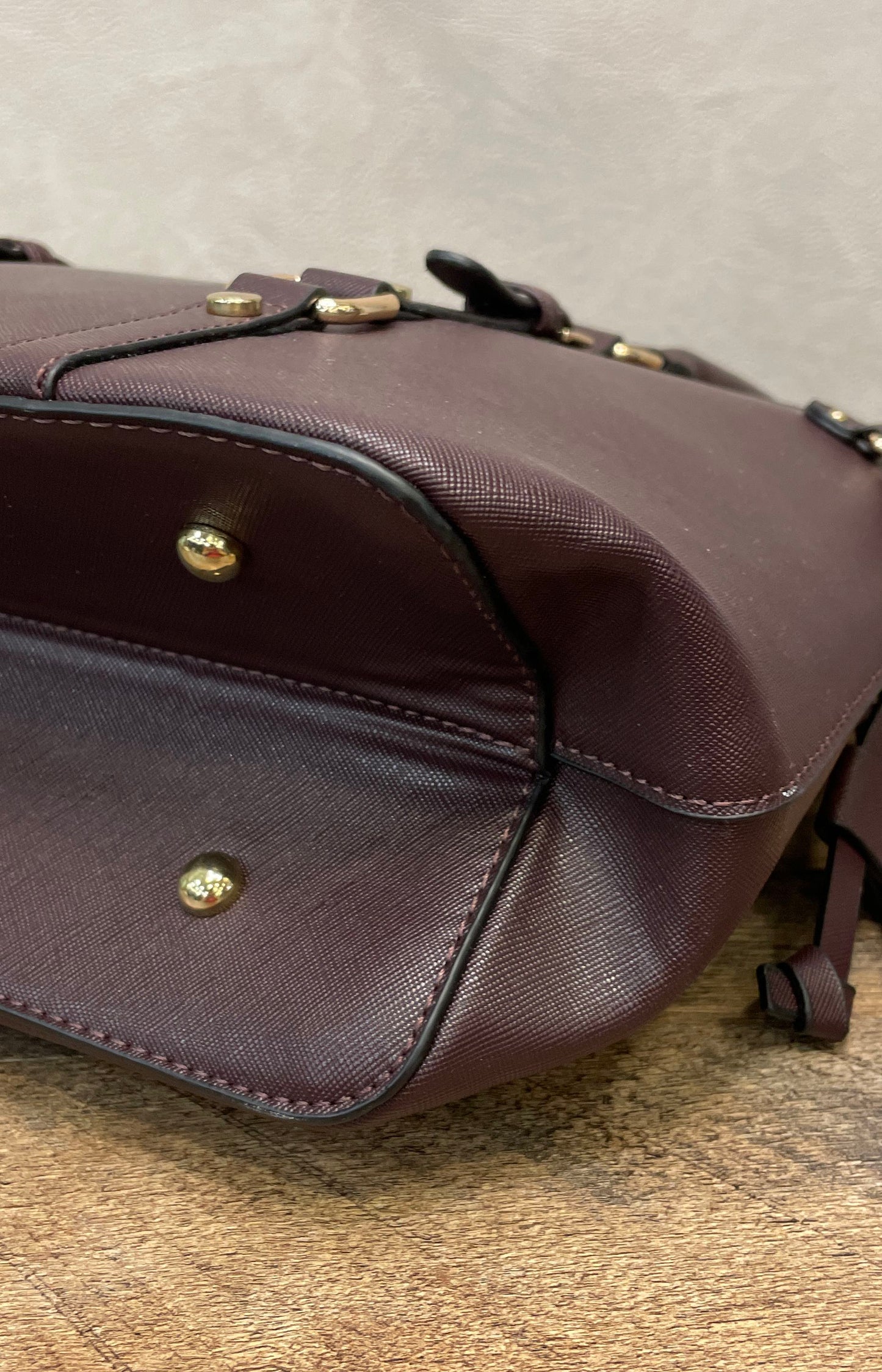 Montana West Burgundy Saffiano Faux Leather Buckle Tote Bag Gold Hardware