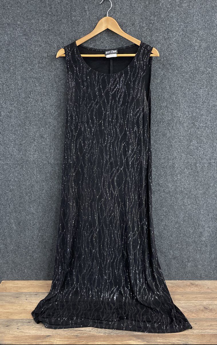 Vintage Y2K Byer Studio Women's Black Silver Glitter Wavy Maxi Dress Size 14