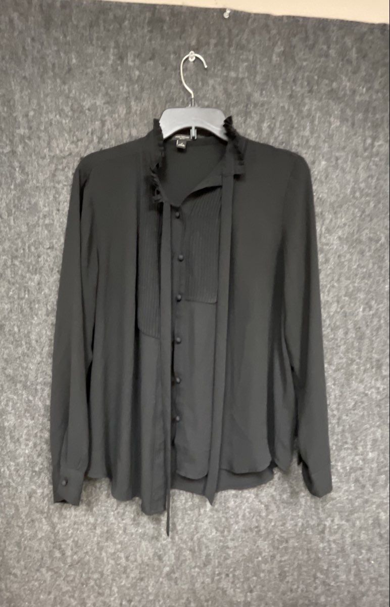 Ann Taylor Women's Black Ruffle Tie Neck Pleated Bib Blouse Sz LP