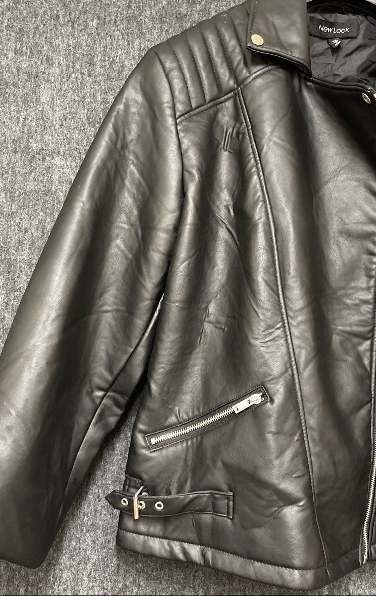 New Look Women's Black Faux Leather Biker Jacket Quilted Moto Zip Sz 2X