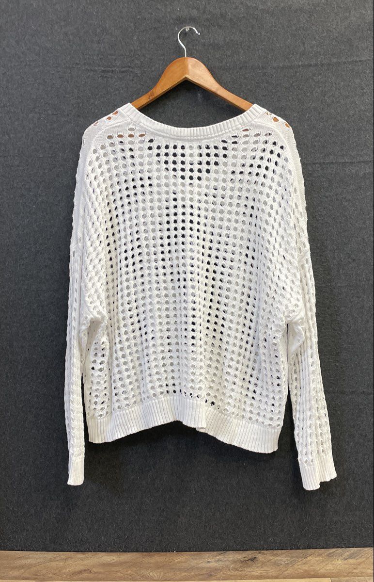 DKNY Jeans Women's White Open Knit V-Neck Cotton Sweater Size XL