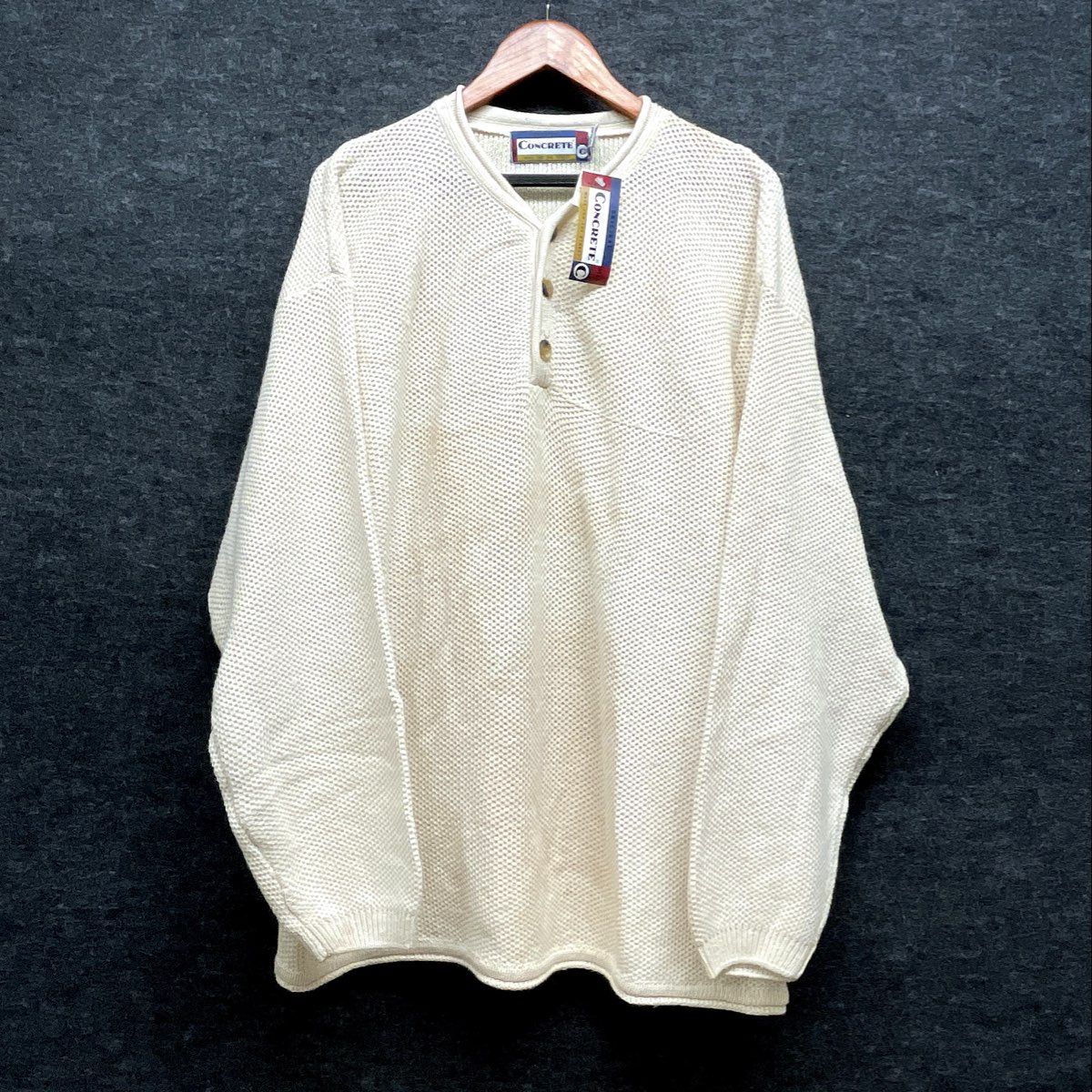 Vintage 90s Concrete Henley Waffle Knit Sweater Cream Streetwear NWT Sz L