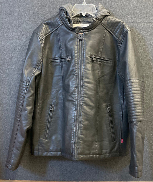Levi's Men's Faux Leather Moto Jacket Black Hooded Quilted Full Zip Size L