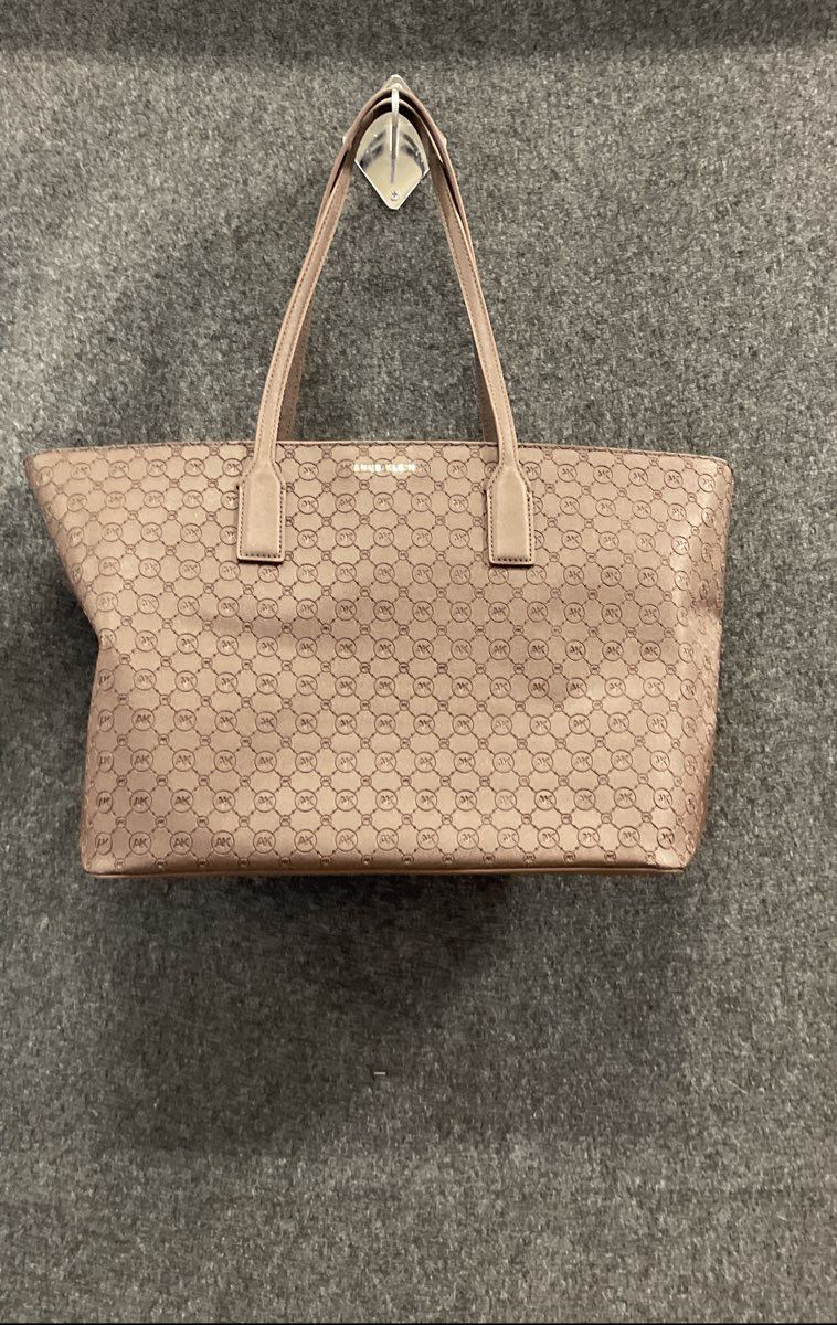 Anne Klein Brown Monogram Logo Embossed Tote Bag with Pouch Gold Hardware