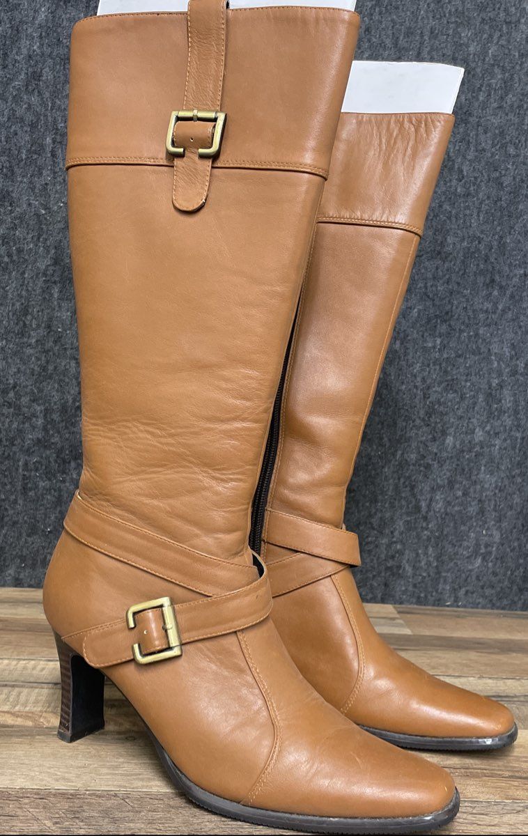 Nine West Tan Leather Knee High Riding Buckle Boots Size 7
