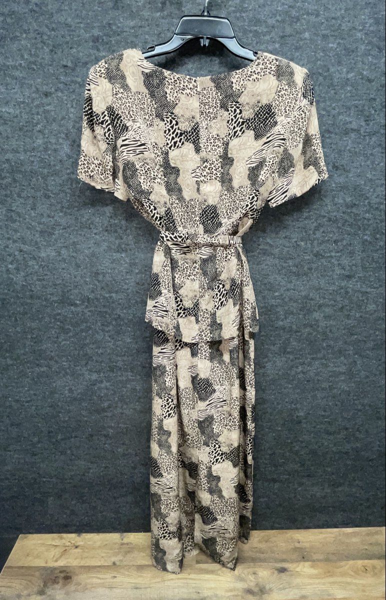 Vintage 90s Mixed Animal Print Peplum Maxi Dress Short Sleeve Back Slit Sz M