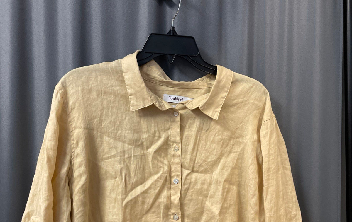 Conbipel Tan Pure Linen Roll Tab Button Down High Low Shirt Sz XL