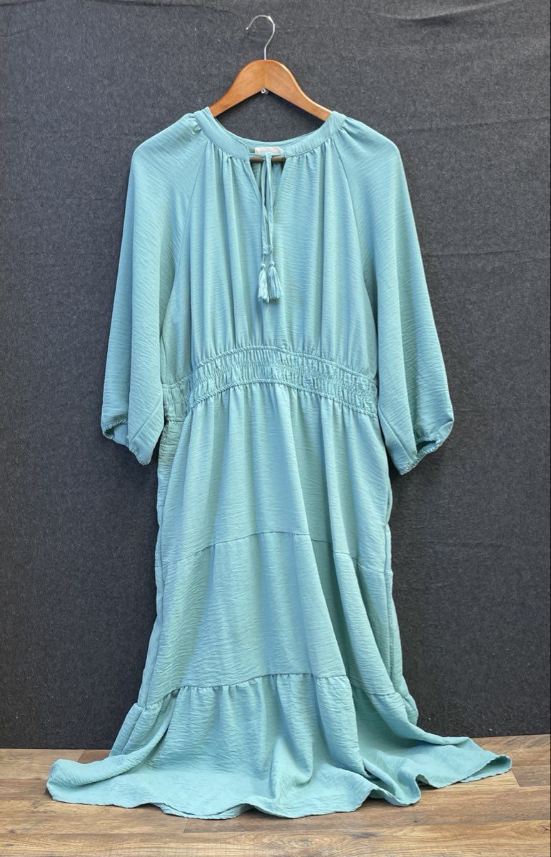Lucky Brand Women's Aqua Blue Tiered Smocked Midi Dress Tassel Neck Sz XL