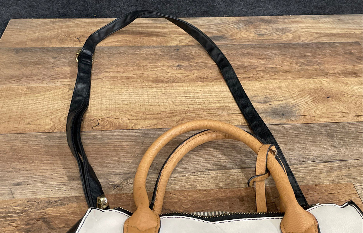 Christian Siriano Black White Tan Leather Satchel Crossbody Bag Gold Hardware