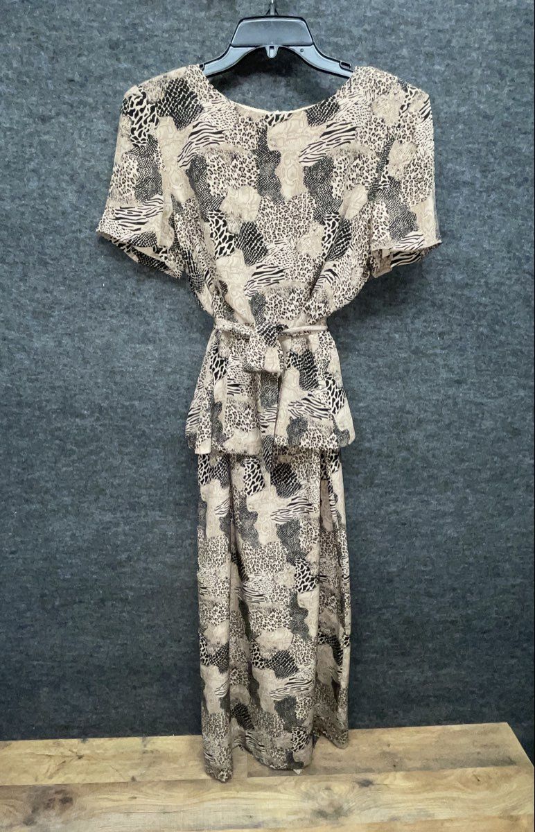 Vintage 90s Mixed Animal Print Peplum Maxi Dress Short Sleeve Back Slit Sz M