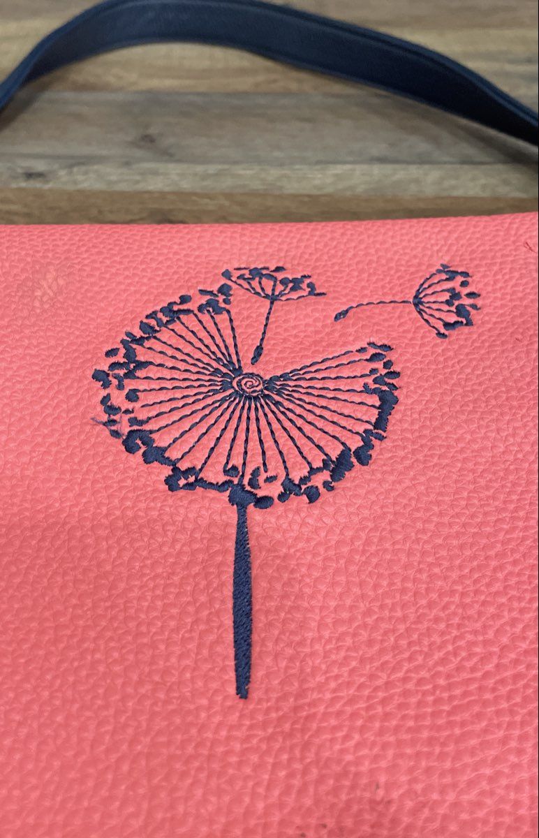Thirty-One Navy Blue Pink Leather Embroidered Dandelion Crossbody Shoulder Bag