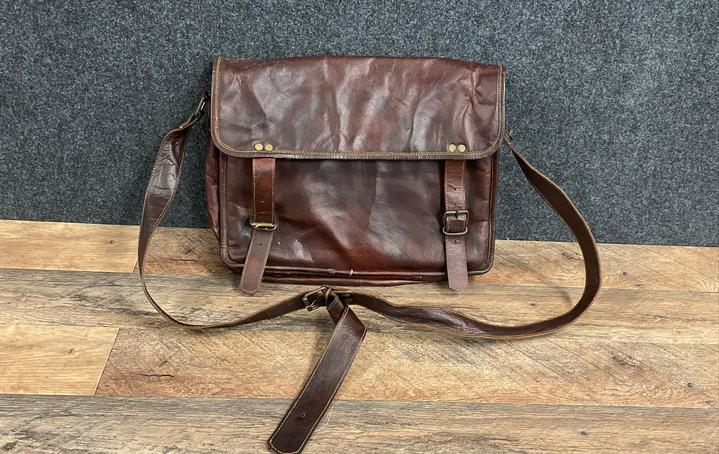 Vintage Brown Leather Messenger Bag Satchel Crossbody Large Brass Hardware