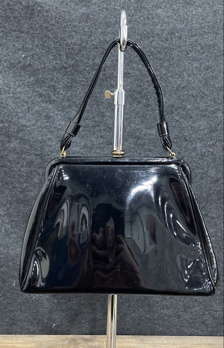 Vintage 1960s Black Patent Top Handle Frame Bag Gold Hardware