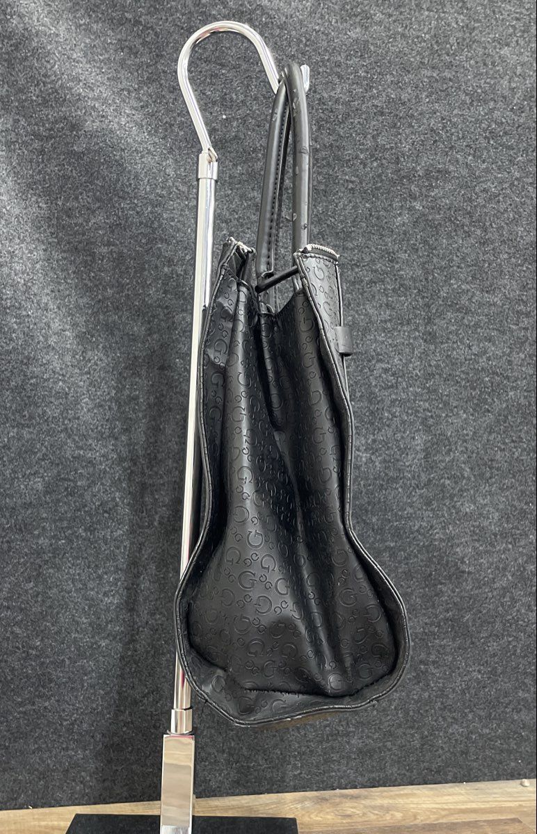 Guess Black Monogram Embossed Leather Tote Bag Large Silver Hardware