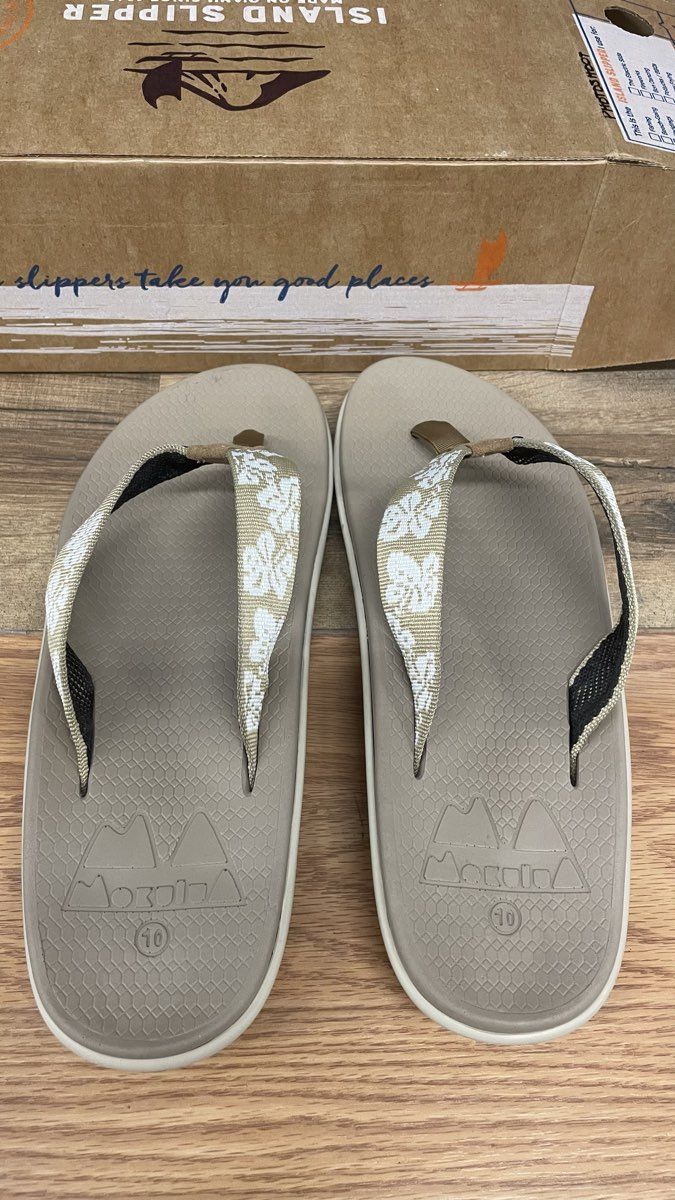 Island Slipper Mokulua Nylon Thong Hana Tan Floral Sandals Women's Size 10