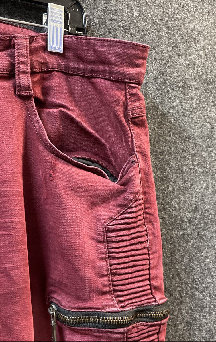 The Kleep Men's Burgundy Red Distressed Moto Biker Jeans Ribbed Size 38