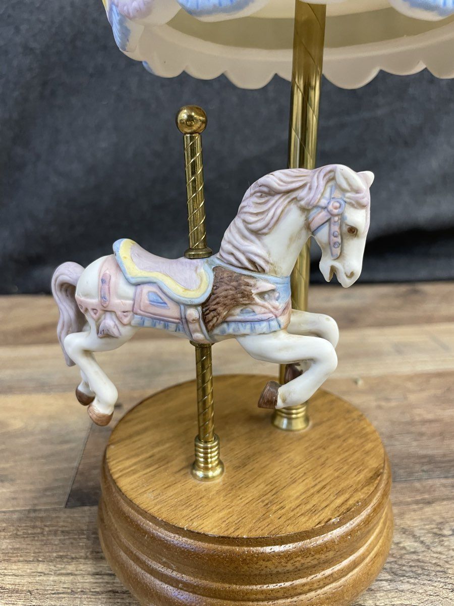 Vintage Carousel Horse Music Box Edelweiss Pastel Ceramic Figurine Wood Base