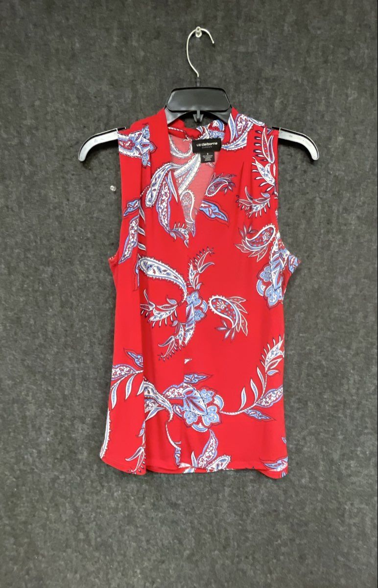 Liz Claiborne Women's Red Paisley Sleeveless V-Neck Career Blouse Sz S