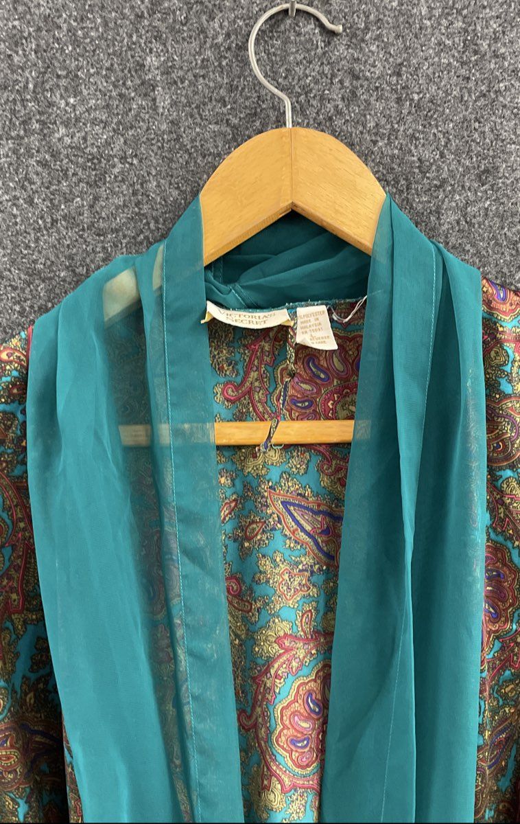 Vintage 90s Victoria's Secret Women's Teal Paisley Full Length Wrap Robe Sz L